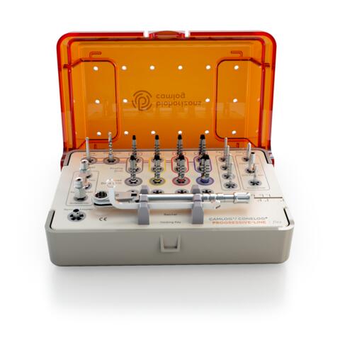 Surgery set CAMLOG®/CONELOG® PROGRESSIVE-LINE Flex, contains all necessary color-code ordered surgical instruments, incl. torque wrench and holding key for insertion post