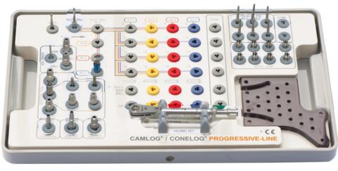 Surgery-Set CAMLOG®/CONELOG® PROGRESSIVE-LINE, contains all necessary color-code ordered surgical instruments, incl. torque wrench and holding key for insertion post